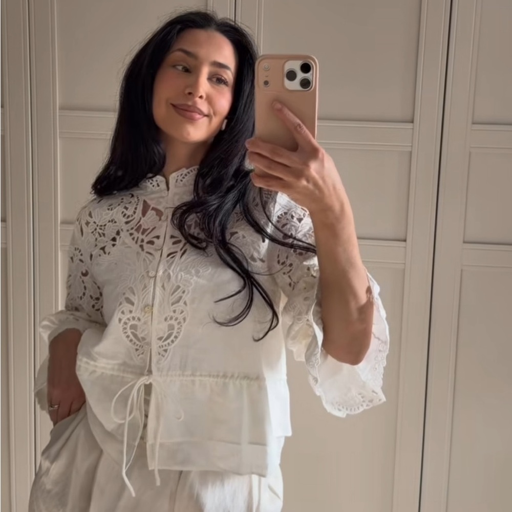 H&M LINEN-BLEND BLOUSE WITH EYELET EMBROIDERY - Picture 6 of 11